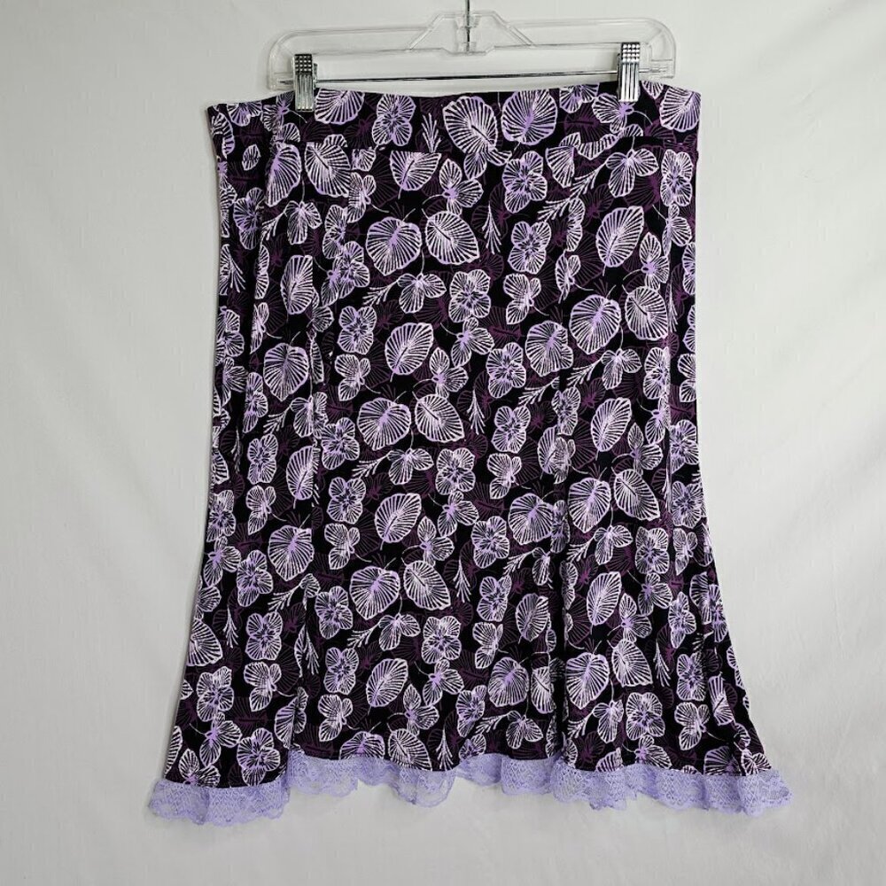 SAG HARBOR Skirt size L BLACK & PURPLE FLORAL w LACE Feminine Summer Spring Cute - Picture 6 of 6